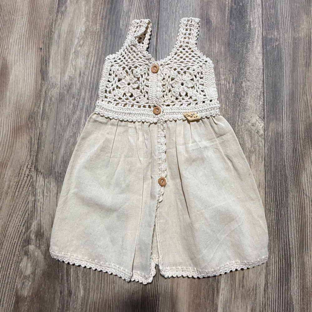 Cottagecore Cuba Crochet Bodice Dress Cream Linen Boho Whimsical